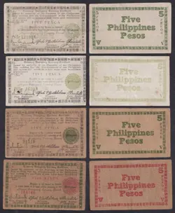 4PCS 5 PESOS FREE NEGROS US PHILIPPINE  WW2 EMERGENCY CURRENCY BANKNOTES 1943-44
