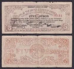5 PESOS PHILIPPINE FREE NEGROS MILITARY US  ARMY WW2 BANKNOTE  #S712