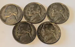 1945-P SILVER WAR NICKELS 5 COINS $.25 CENTS FACE VALUE 35% PURE SILVER WW2 ERA