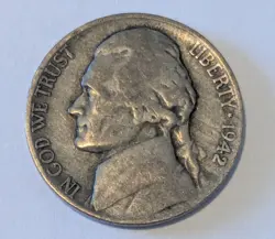 1942-P TYPE 2 SILVER WAR NICKEL 1 COINS $.5 CENTS FACE VALUE 35% PURE SILVER WW2
