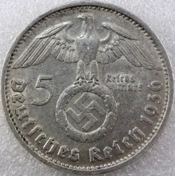 1936 D 5 MARK GERMAN WW2 SILVER COIN THIRD REICH  REICHSMARK AU GM#02