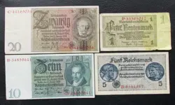 LOT OF 20,10,5,1 WW2 REICHSMARK NAZI GERMANY CURRENCY GERMAN BANKNOTES