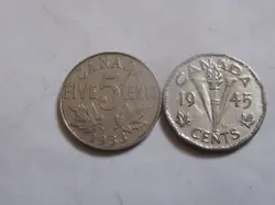 CANADA  GEORGE V FIVE CENT COINS   DATE   1933 AND A WW2 1945  ALL NICE COINS