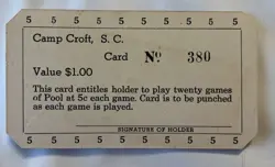 PAPER TOKEN WW2 CAMP CROFT SOUTH CAROLINA TWENTY GAMES OF POOL