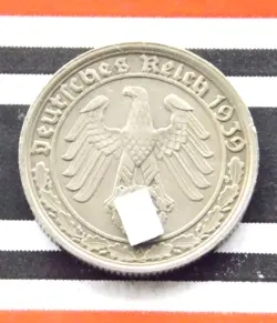 GERMAN COIN 50 REICHSPFENNIG 1939 A NICKEL SWASTIKA 3RD REICH WW2 +RARE+ PFENNIG