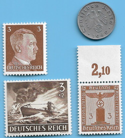 GERMANY WW2 1940 G 5 RPF SWASTIKA COIN & HITLER SWASTIKA STAMP LOT WW2 ERA  #40
