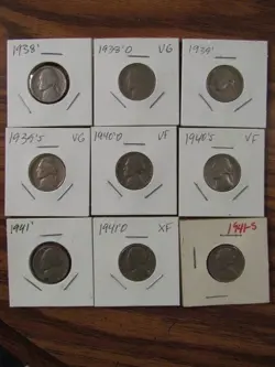 (16) JEFFERSON NICKEL LOT PRE-WW 2 P,D,S 1938 TO 1941 COMBINE $HIP 020