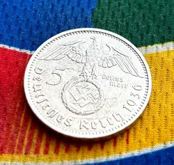 1936 F 5 MARK GERMAN WW2 SILVER COIN THIRD REICH  REICHSMARK
