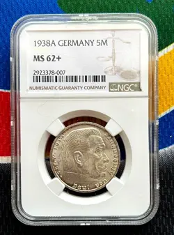 NGC MS 62 + 1938 A 5 MARK GERMAN WW2 SILVER COIN THIRD REICH  REICHSMARK