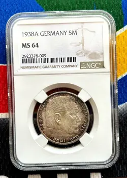NGC MS 64 1938 A 5 MARK GERMAN WW2 SILVER COIN THIRD REICH  REICHSMARK TONED