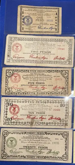 1944 WW2 PHILIPPINE PESO EMERGENCY CURRENCY CERTIFICATE COMPLETE SET 