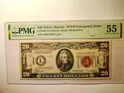 1934A, $20 HAWAII WW2 EMERGENCY ISSUE NOTE (LA BLOCK) FR. 2305 PMG 55 AU