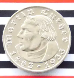 GERMAN 2 REICHSMARK 1933 F MARTIN LUTHER SILVER COIN 3RD REICH WW2 + RARE + MARK