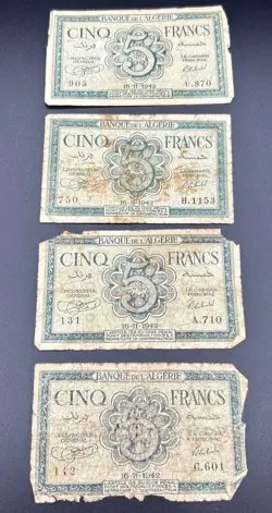 WW2 CINQ 5 FRANCS BANQUE DE L ALGERIE CURRENCY BANK NOTES 16-11-1942 (LOT OF 4)
