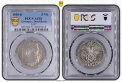 PCGS AU55 1938-D 5 MK REICHSMARK HINDENBURG J-367 THIRD REICH SILVER GERMANY WW2