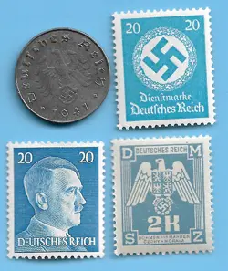 GERMANY WW2 1941 J 10 RPF SWASTIKA COIN & HITLER SWASTIKA STAMP LOT WW2 ERA #72