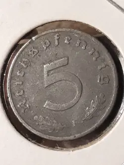 VINTAGE 1940 F , WW2 GERMAN 5 REICHSPFENNIG , WWII ERA HEAVILY CIRCULATED COIN 