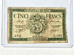 WWII-1942 ALGERIA/ FRANCE BILL/ PAPER CURRENCY FROM USED DURING WW2.