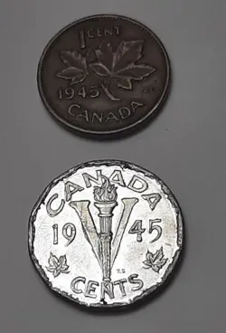 1945 CANADA 1 CENT (98% COPPER) & 1945 CANADA 5 CENTS COINS    