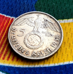 1938 A 5 MARK GERMAN WW2 SILVER COIN THIRD REICH  REICHSMARK TONED AU