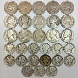 US SILVER JUNK LOT- SILVER WW2 NICKELS & SILVER MERCURY DIMES (30 TOTAL COINS)