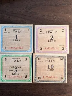 ITALY 1943 WW2.  1, 2, 5 AND 10 LIRE MILITARY CURRENCY 4 BANKNOTES