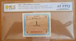 ITALY 1943 WW2  1 LIRE MILITARY CURRENCY BANKNOTES PCGS GEM UNC 65 PPQ