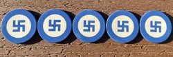 (5) RARE USPC INLAID BLUE SWASTIKA POKER CHIP 4 WINDS PRE WW2 MADE IN 1930