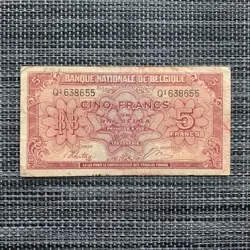 BELGIUM 5 FRANCS BANKNOTE 1943 WWII WW2 BELGIQUE CURRENCY WORLD WAR TWO ERA