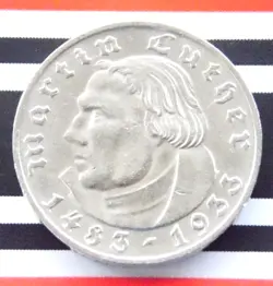 GERMAN 2 REICHSMARK 1933 A MARTIN LUTHER SILVER COIN 3RD REICH WW2 + UNC + MARK