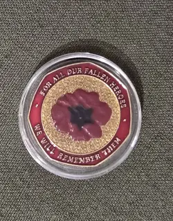 REMEMBRANCE COMMEMORATIVE LEST WE FORGET POPPY RED ENAMEL WW1 WW2 GOLD COLOURED