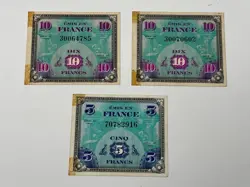 3 NOTES 1944 SERIES FRENCH FRANCS FRANCE 10 5 WWII WW2