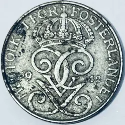 1942 SWEDEN 5 ORE (0.05 KRONER/ KRONOR) OLD SWEDISH COIN ÖRE KING GUSTAV V WW2