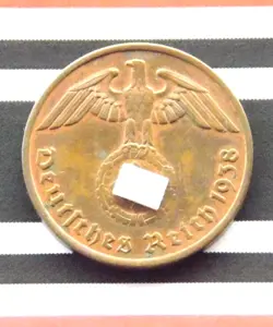 GERMAN COIN 1938 A 2 REICHSPFENNIG SWASTIKA COPPER 3RD REICH WW2 + UNC + PFENNIG