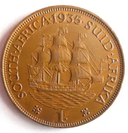 1935 SOUTH AFRICA PENNY - AU/UNC - UNCOMMON WW2 DATE COIN - LOT #B27