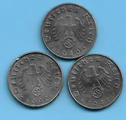 GERMANY THIRD REICH 1940 1941 1943 5 RPF SWASTIKA COIN LOT WW2 ERA #75