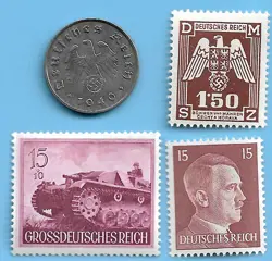 GERMANY WW2 1940 A 10 RPF SWASTIKA COIN & HITLER SWASTIKA STAMP LOT WW2 ERA #64