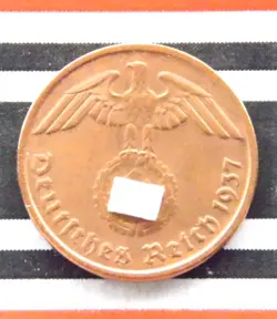 GERMAN COIN 1937 D 2 REICHSPFENNIG SWASTIKA COPPER 3RD REICH WW2 + UNC + PFENNIG