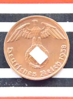 GERMAN COIN 1938 E 1 REICHSPFENNIG SWASTIKA COPPER 3RD REICH WW2 + UNC + PFENNIG