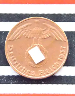 GERMAN COIN 1937 E 1 REICHSPFENNIG SWASTIKA COPPER 3RD REICH WW2 + UNC + PFENNIG