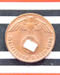 GERMAN COIN 1938 D 1 REICHSPFENNIG SWASTIKA COPPER 3RD REICH WW2 + UNC + PFENNIG