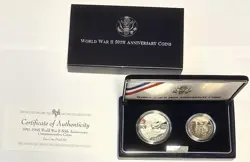 1993 WORLD WAR II 50TH ANNIVERSARY SILVER PROOF 2 COIN SET COA WW2