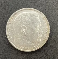 1937 E WW2 GERMAN 5 REICHSMARK COIN, THIRD REICH, VON HINDENBURG, SWASTIKA