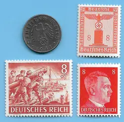 GERMANY WW2 1941 A 5 RPF SWASTIKA COIN & HITLER SWASTIKA STAMP LOT WW2 ERA #80