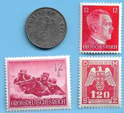 GERMANY WW2 1941 A 10 RPF SWASTIKA COIN & HITLER SWASTIKA STAMP LOT WW2 ERA #58