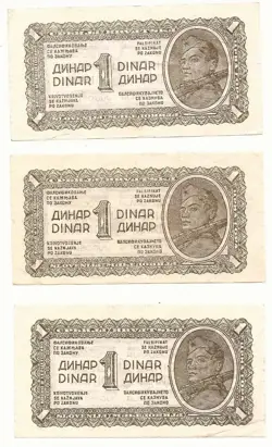 WW2 BANKNOTES 3 X 1 DINAR YUGOSLAVIA 1944 ? SOLDIER