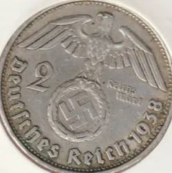 RARE OLD WWII SILVER GERMAN WAR 1938-B WW2 GERMANY 2 REICHSMARK COLLECTION COIN
