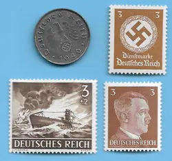 GERMANY WW2 1940 A 10 RPF SWASTIKA COIN & HITLER SWASTIKA STAMP LOT WW2 ERA #84