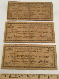 3 PHILIPPINES WW2 GUERILLA NOTES 50 CENTAVOS 