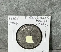 1936 F 5 MARK GERMANY WW2 GERMAN SILVER COIN THIRD REICH  REICHSMARK